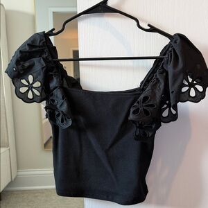 H&M Black Puff Sleeve Eyelet Blouse